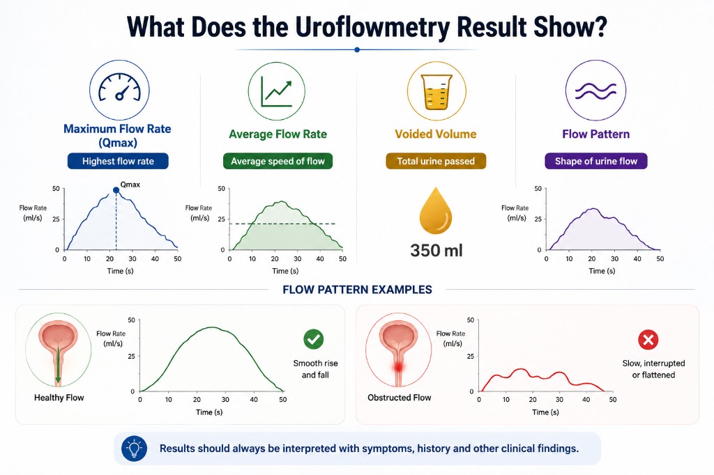 Uroflowmetry result metrics including maximum flow rate Qmax, average flow rate, voided volume, and healthy versus obstructed flow patterns